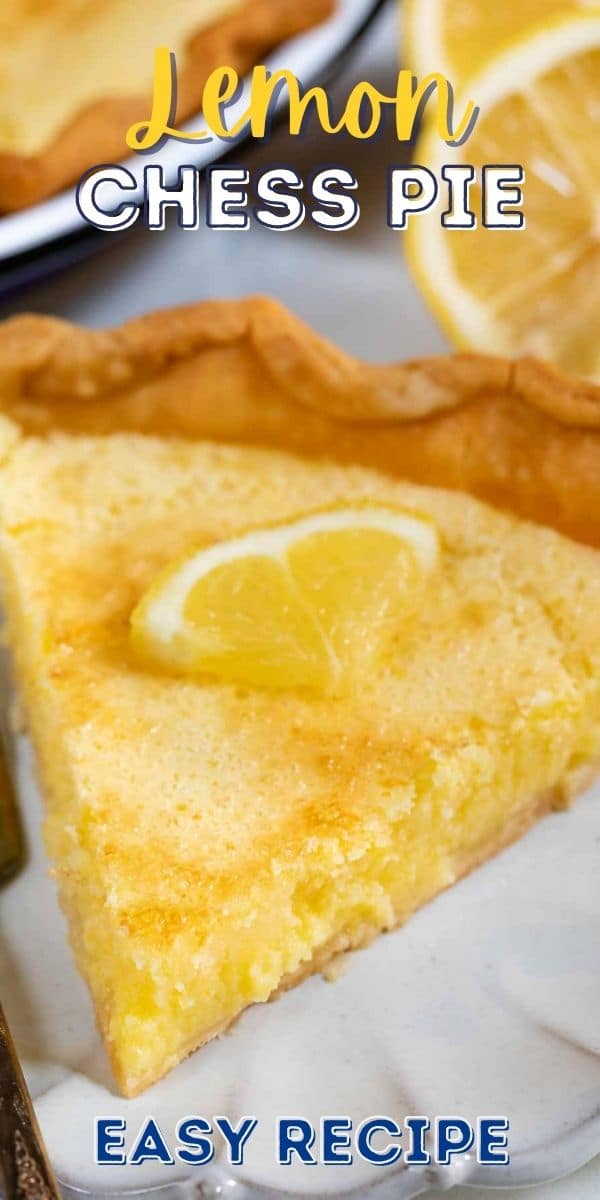 Slice of lemon chess pie on a scalloped plate with silver fork with recipe title on top of image