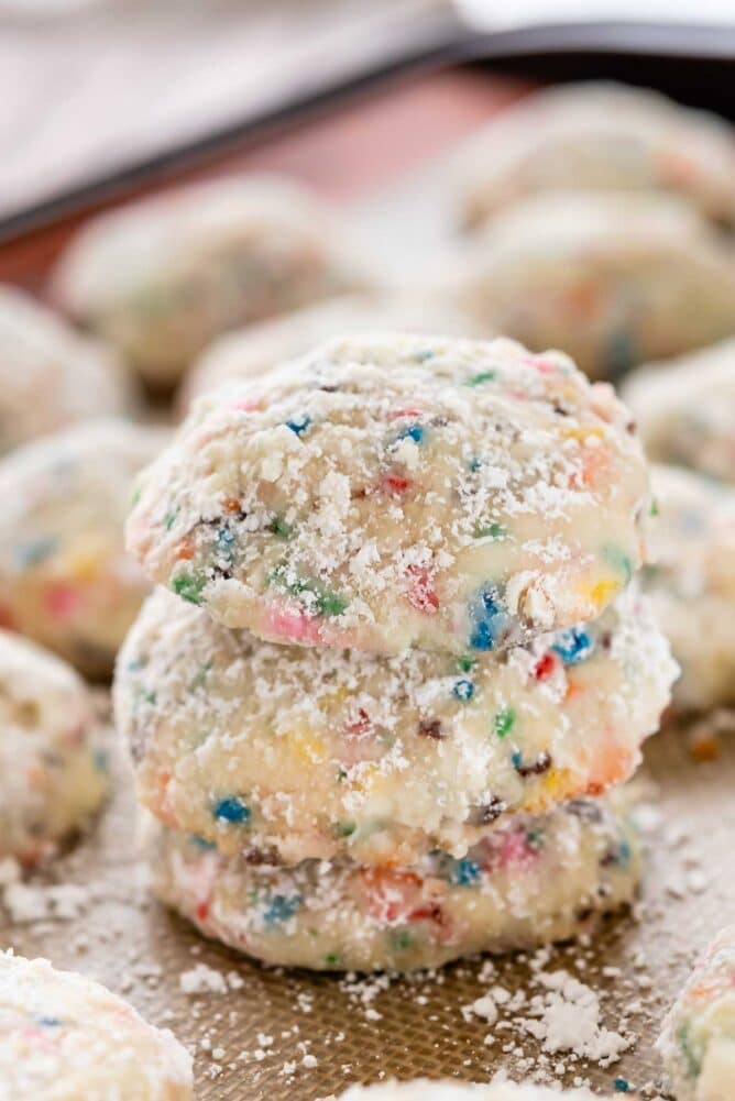 Close up photo of a stack of funfetti wedding cookies