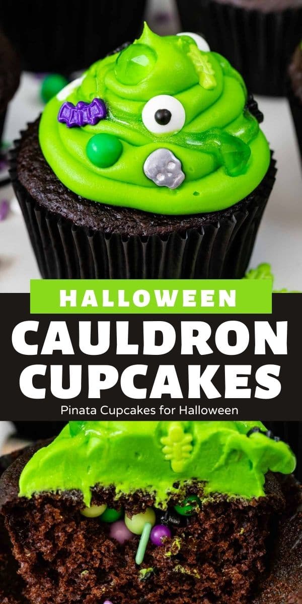 chocolate cupcake with green frosting with spooky sprinkles to look like cauldrons