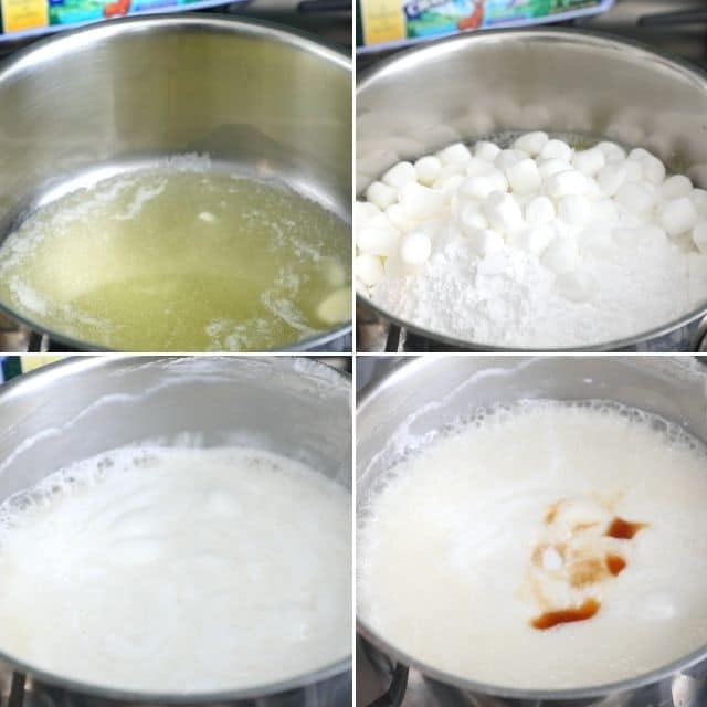 four collage photos of making marshmallow mixture in pan