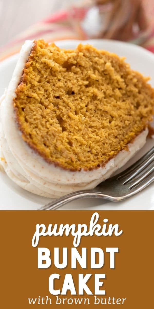 One slice of pumpkin bundt cake on a white plate with silver fork with recipe title on bottom of image