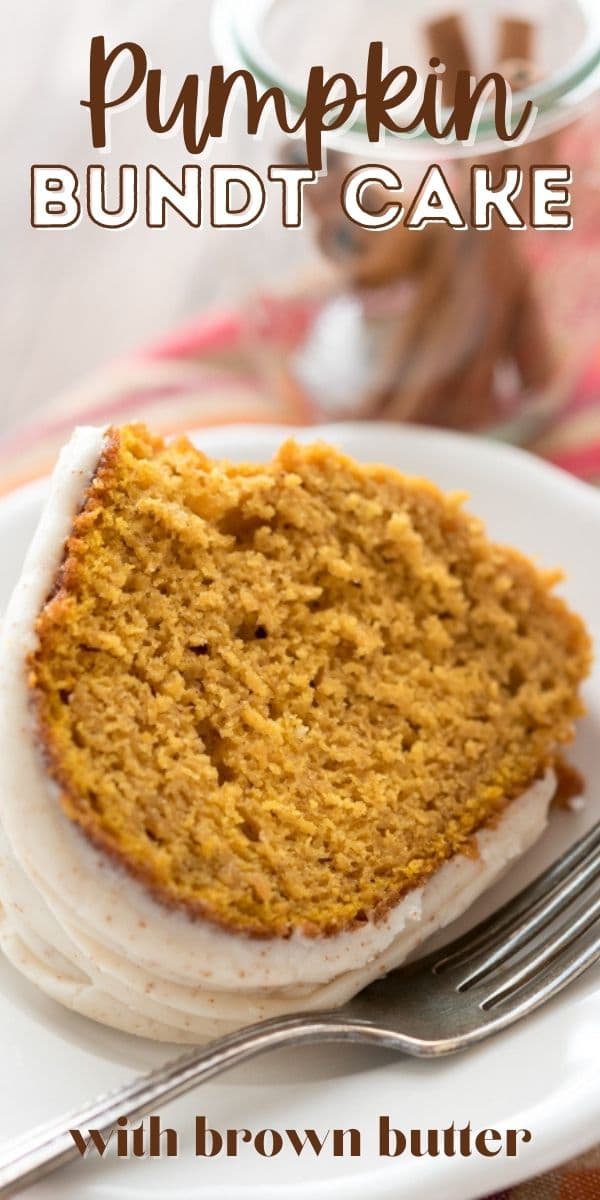 One slice of pumpkin bundt cake on a white plate with silver fork with recipe title on top of image