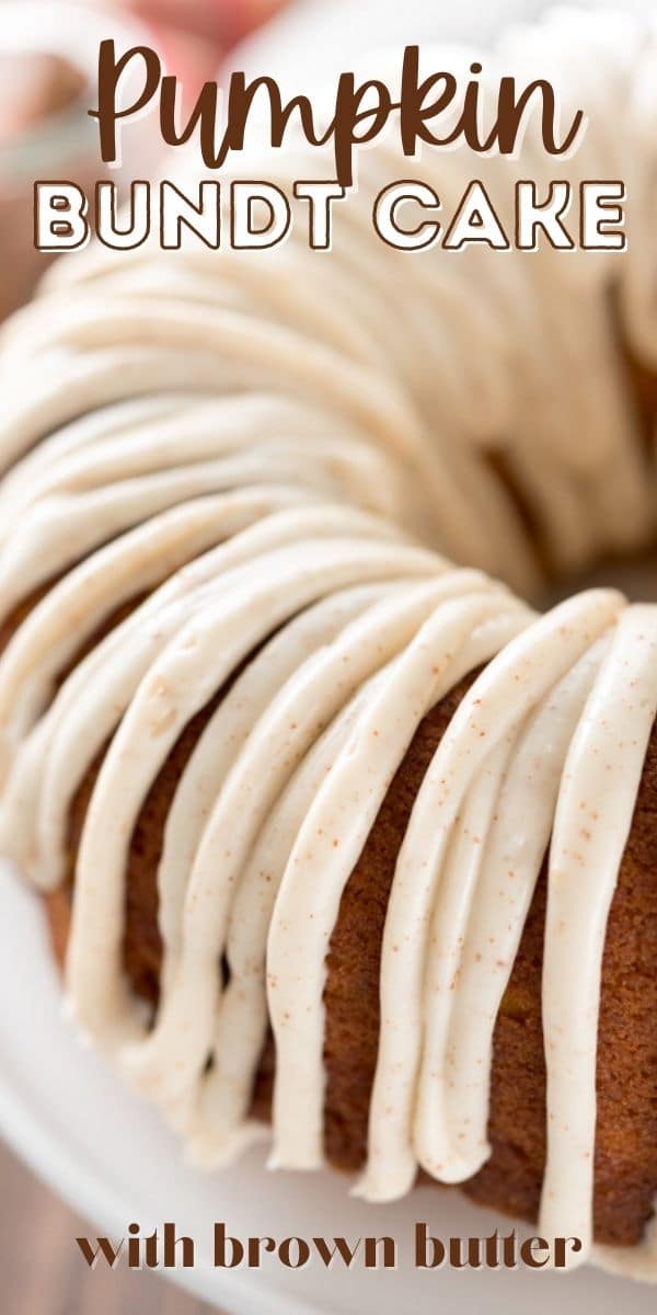 Overhead shot of half of the pumpkin bundt cake with ribbon like frosting and recipe title on top of image