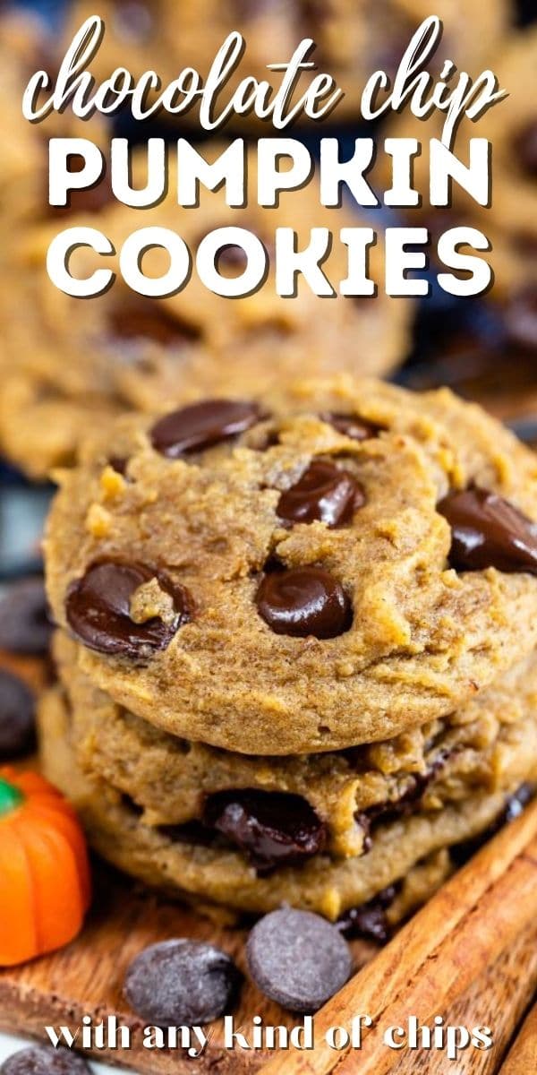 Stack of pumpkin chocolate chip cookies with recipe title on top of photo