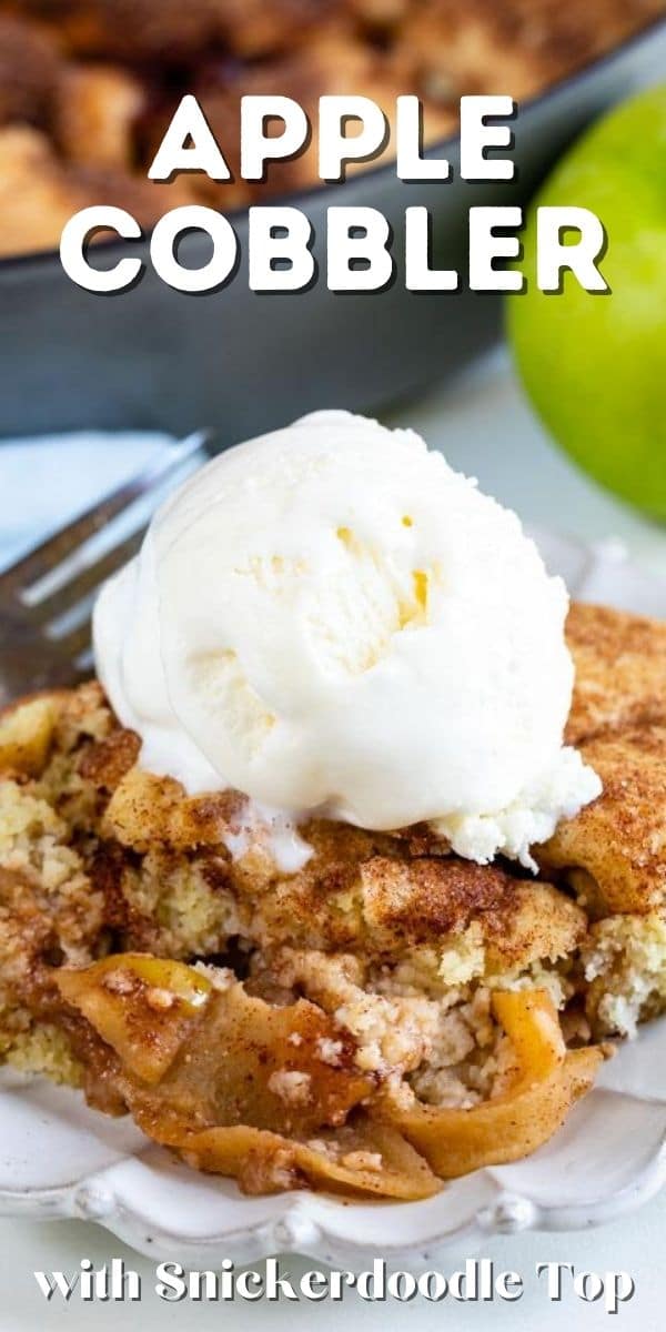 Apple cobbler with a scoop of vanilla ice cream on top with recipe title on top of photo