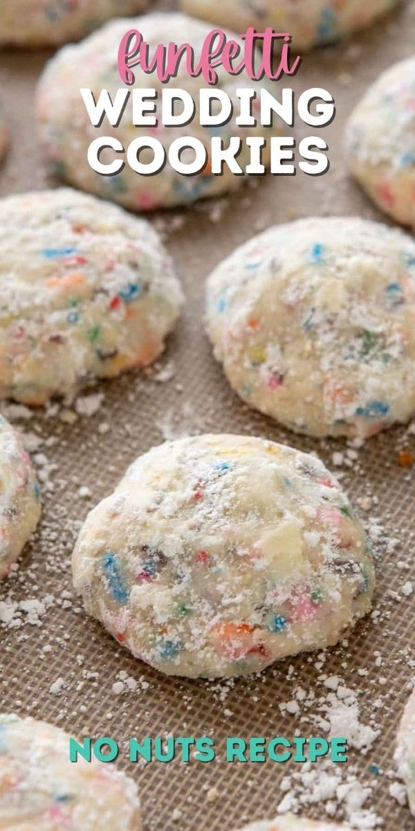 Overhead view of funfetti wedding cookies on a baking mat with recipe title on top of image