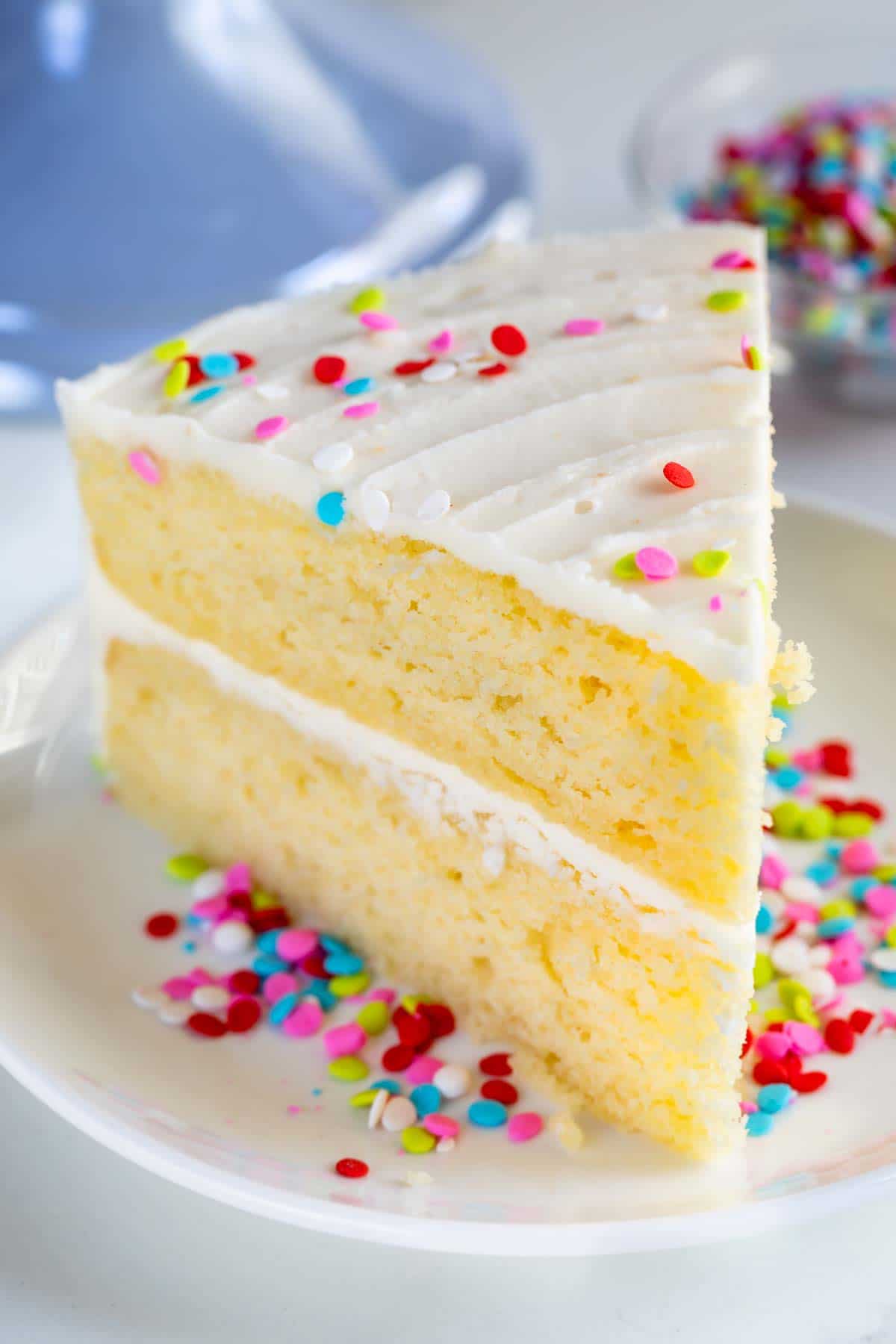 Close up of a slice of layered yellow cake with vanilla frosting and rainbow sprinkles