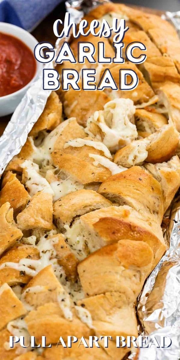 pull apart bread stuffed with cheese with words on photo