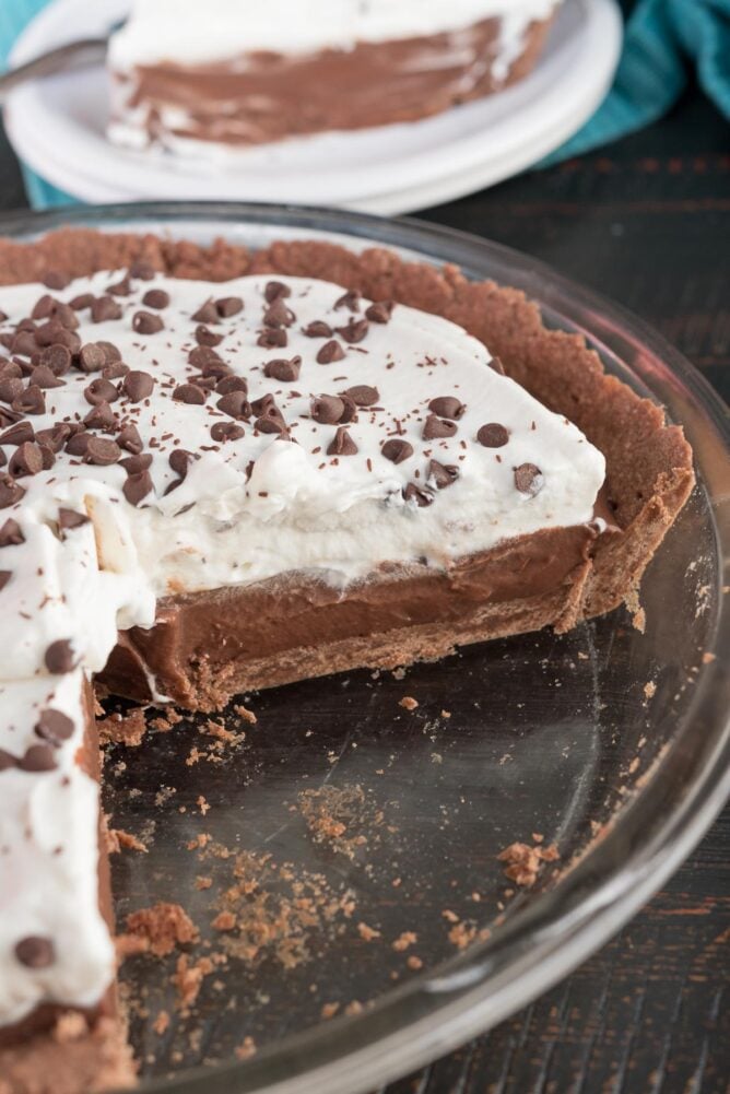 pie in clear pie plate with slices missing