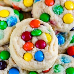 close up of stack of cookies with M&Ms