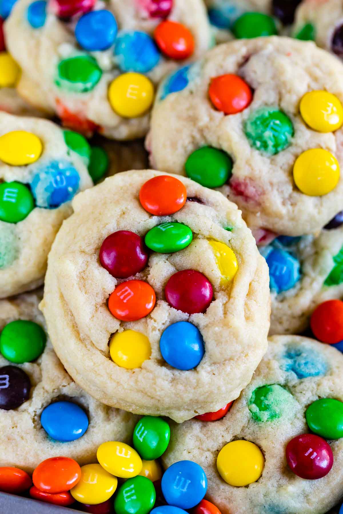 close up of stack of cookies with M&Ms