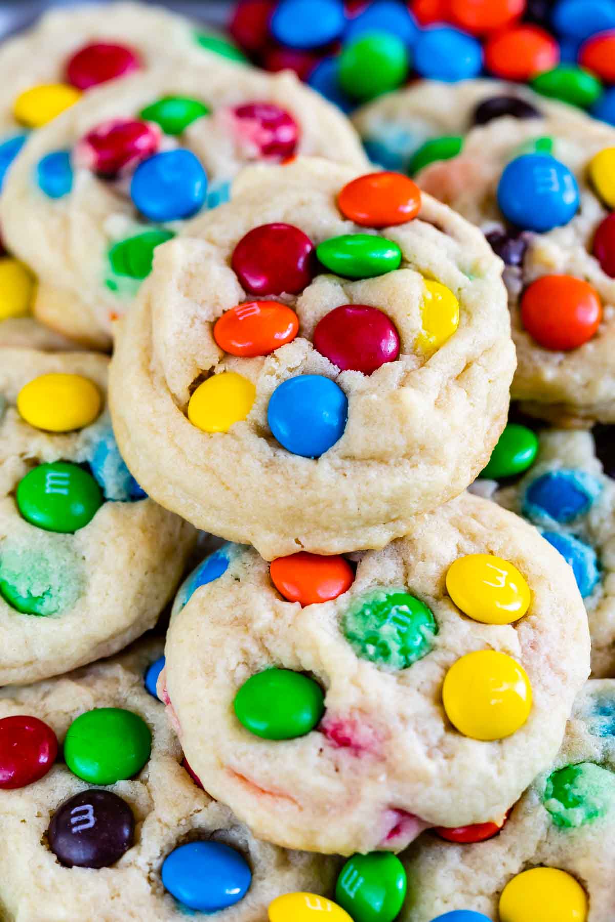 close up of stack of cookies with M&Ms