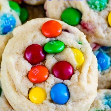 close up of stack of M&M cookies