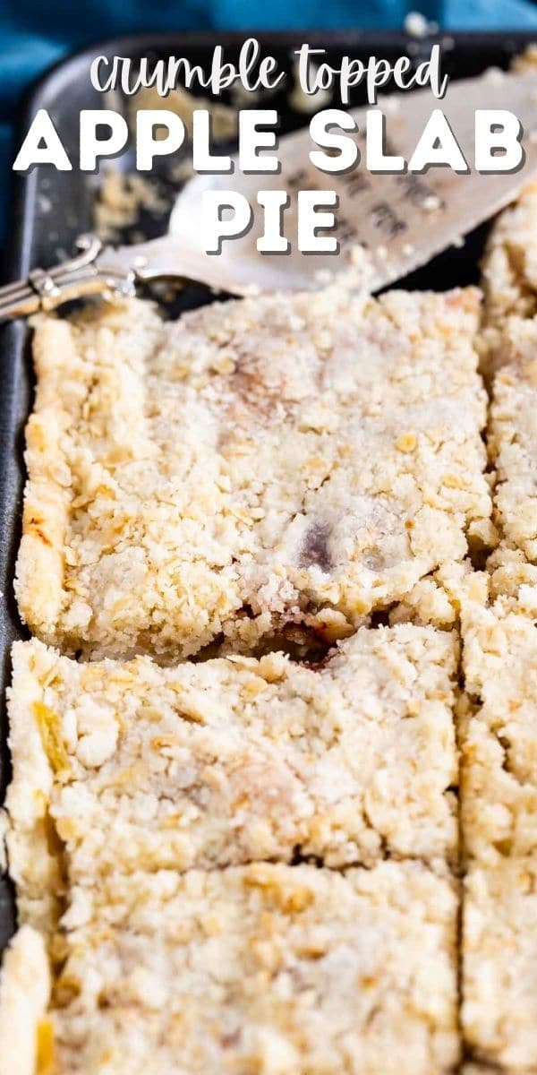 sliced apple slab pie in sheet pan with spatula and words on photo