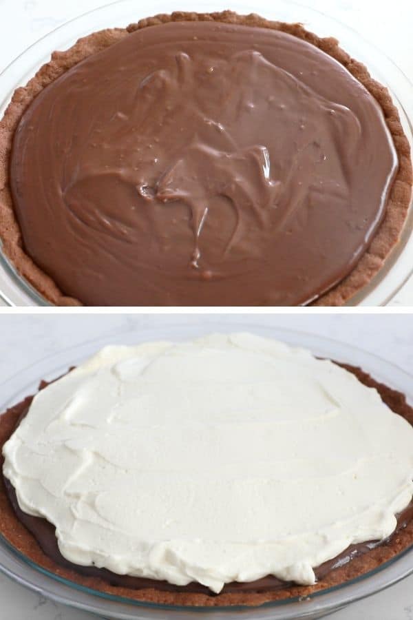 collage of two photos: pudding in pie and whipped cream on top