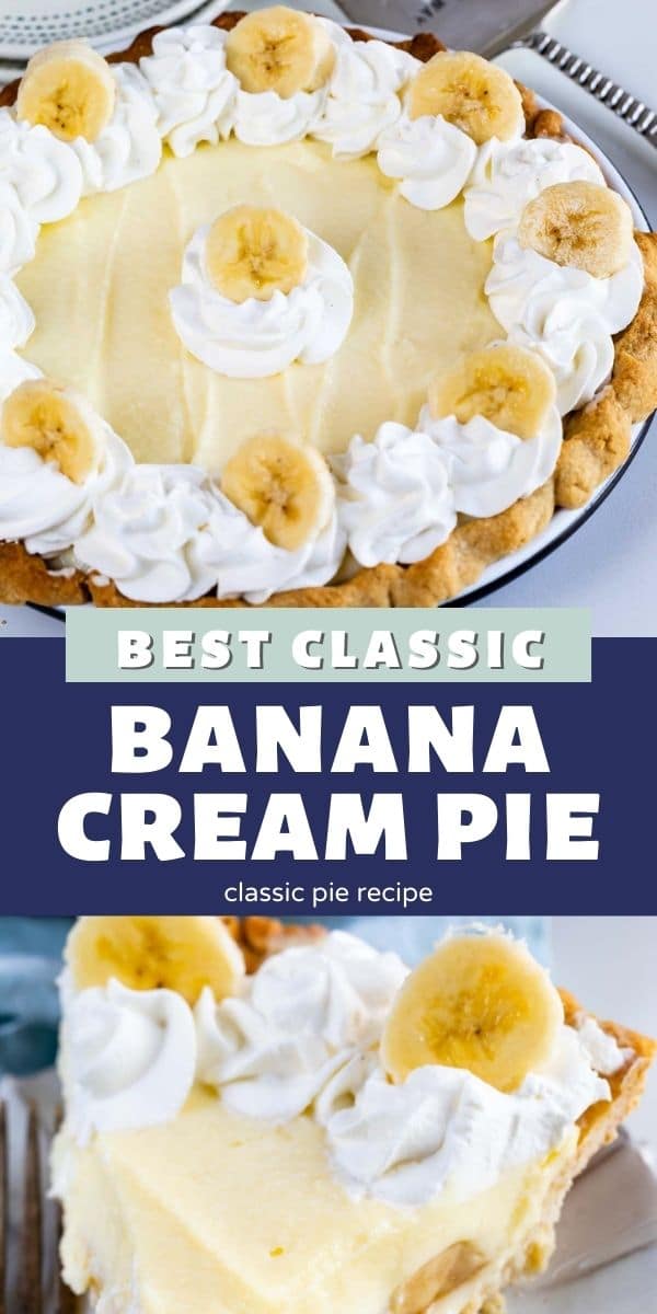 Photo collage of banana cream pie with recipe title between photos
