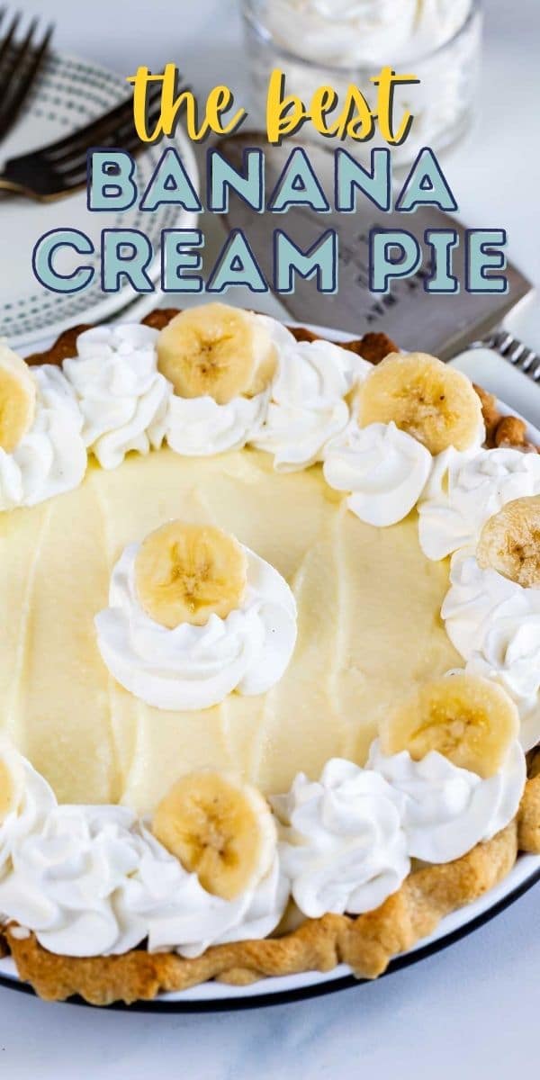Overhead shot of banana cream pie with recipe title on top of image