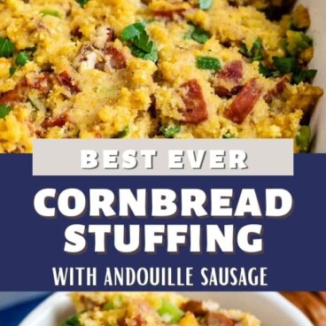 Photo collage of cornbread stuffing with recipe title in between photos