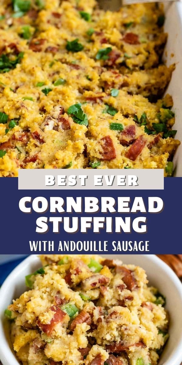 Photo collage of cornbread stuffing with recipe title in between photos