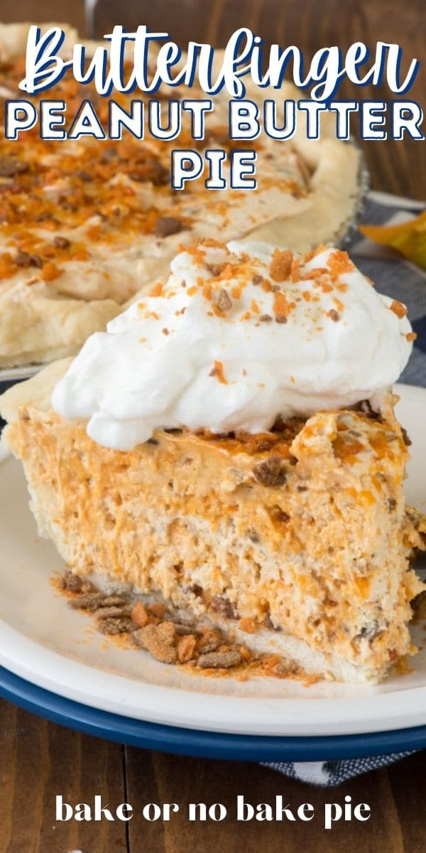 Slice of butterfinger pie on a white and blue plate with rest of pie in background and recipe title on top of image