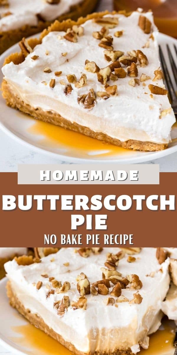 Photo collage of butterscotch pie with recipe title in between the photos