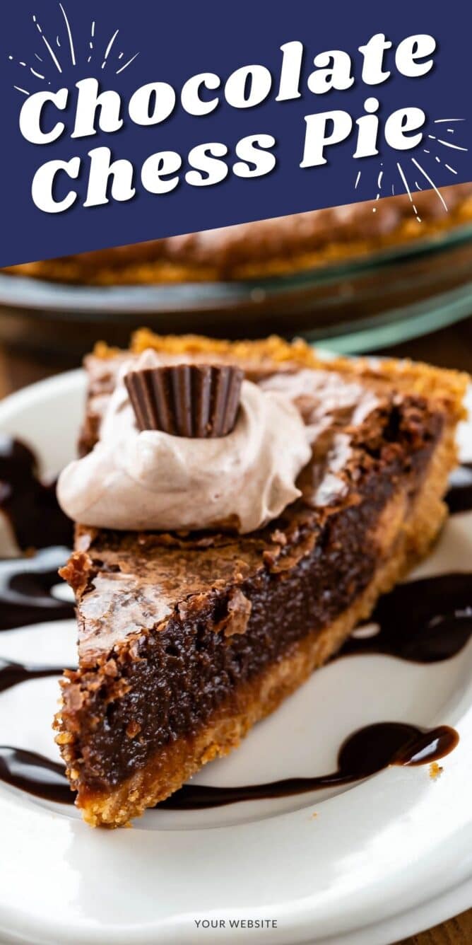 slice of chocolate pie with graham crust on white plate with hot fudge