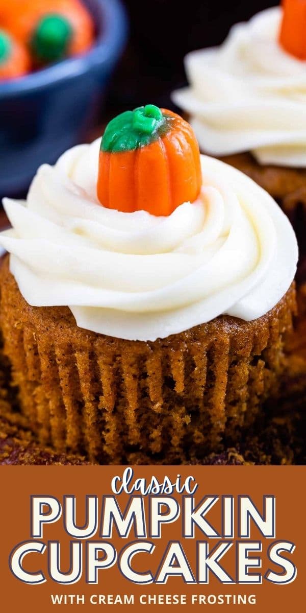 Pumpkin cupcake with a cupcake candy on top and recipe title on bottom of photo