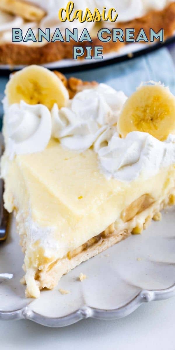 Slice of banana cream pie on grey scalloped plate with recipe title on top of image