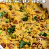 Overhead shot of cornbread stuffing in a white baking dish and recipe title on top of image