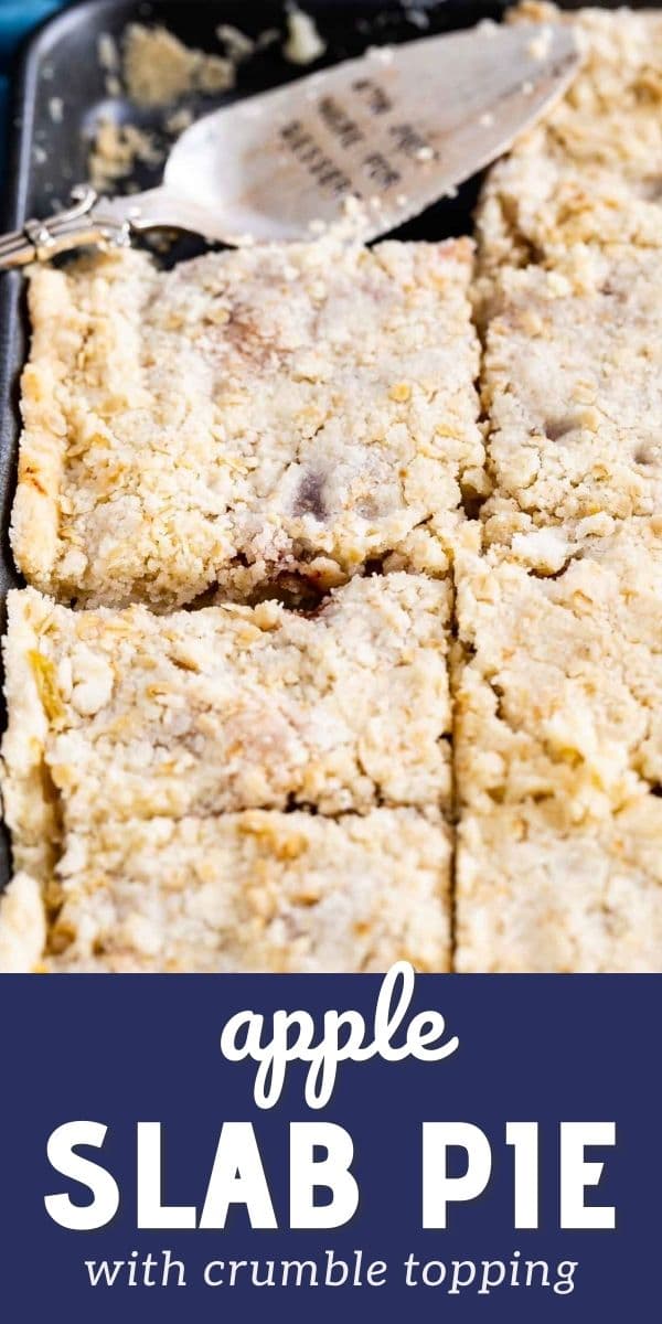 sliced apple slab pie in sheet pan with spatula and words on photo
