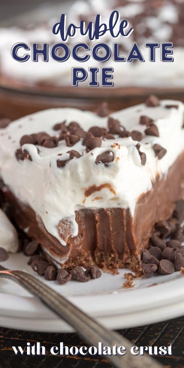 slice of chocolate pie with whipped cream on white plate with bite missing and words on photo