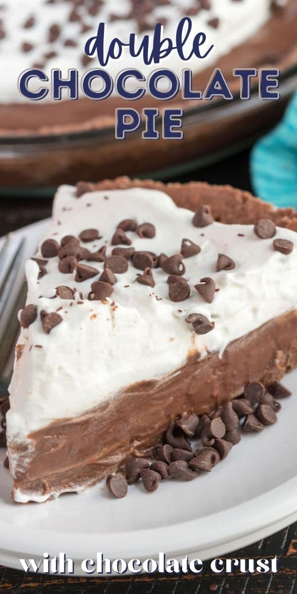 slice of chocolate pie with whipped cream on white plate with words on photo