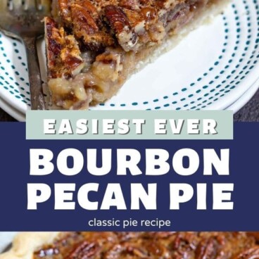 Photo collage of bourbon pecan pie with recipe in between photos