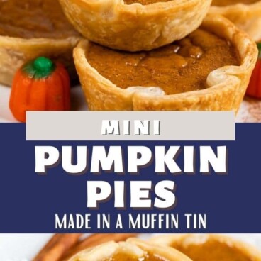 Photo collage of mini pumpkin pies with recipe title in middle of photos