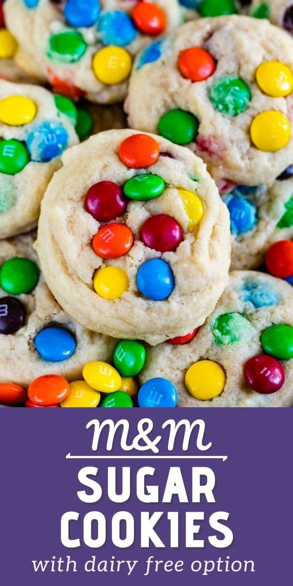 close up of stack of cookies with M&Ms