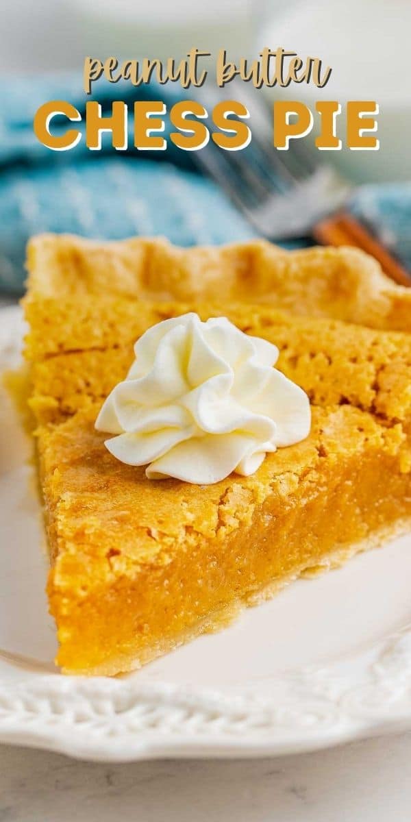 One slice of peanut butter chess pie on a white plate with recipe title on top