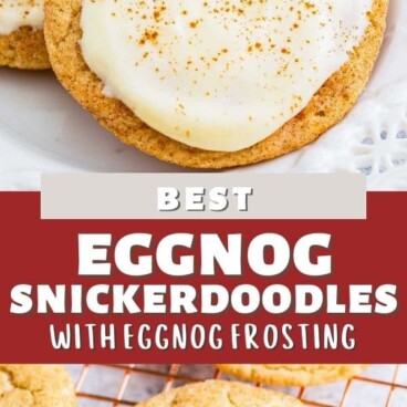 Collage of eggnog snickerdoodle cookies with recipe title in middle of photos