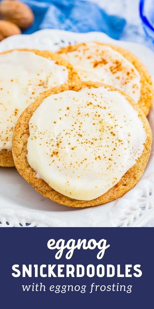 Eggnog snickerdoodles with eggnog frosting on a plate with recipe title on bottom of photo