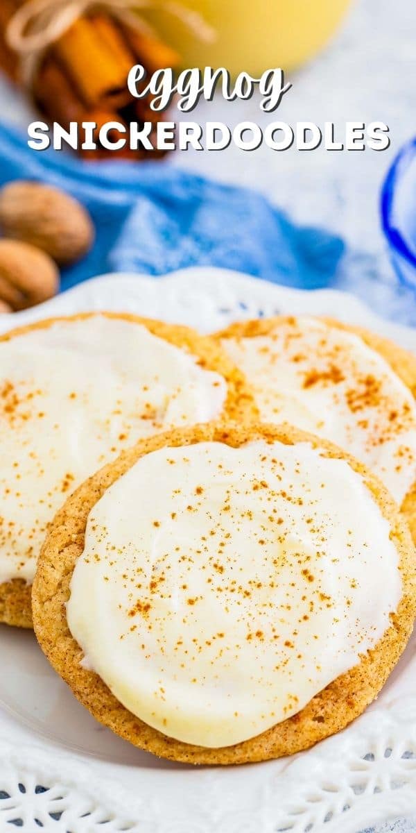 Eggnog snickerdoodles with eggnog frosting on a plate and recipe title on top of photo