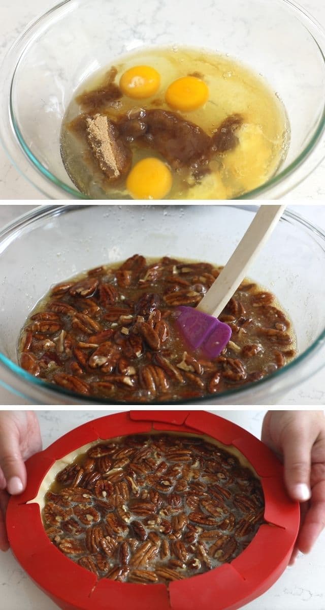 Three photos showing process of making bourbon pecan pie filling