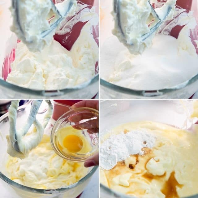 Four photos showing the process of making cheesecake filling