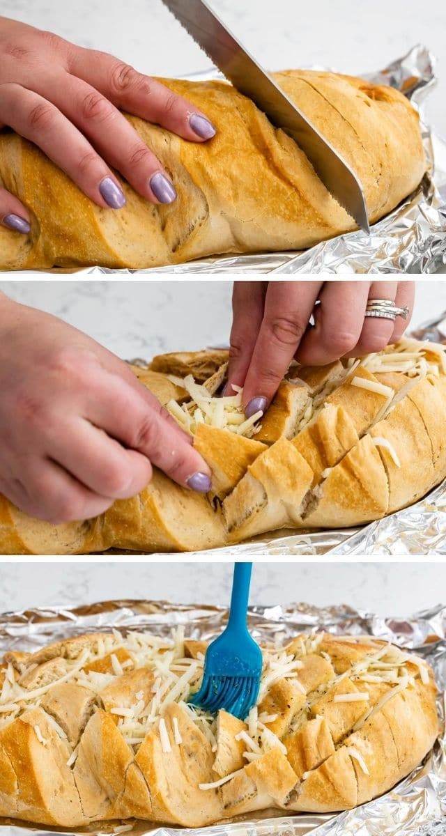 collage of 3 photos: slicing bread, stuffing with cheese, brushing with butter