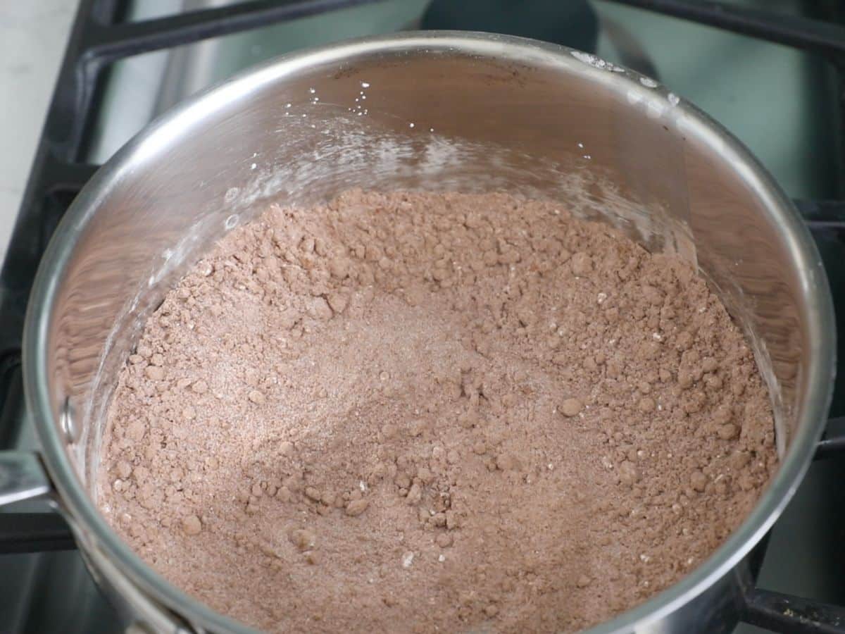 saucepan with powdered cocoa, sugar, and cornstarch.