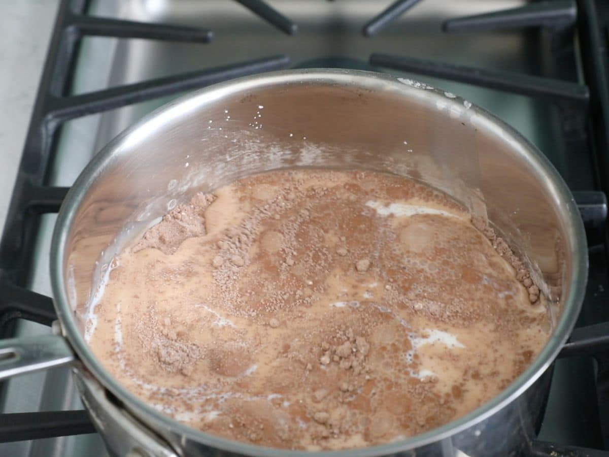 saucepan with pudding mixture and milk.