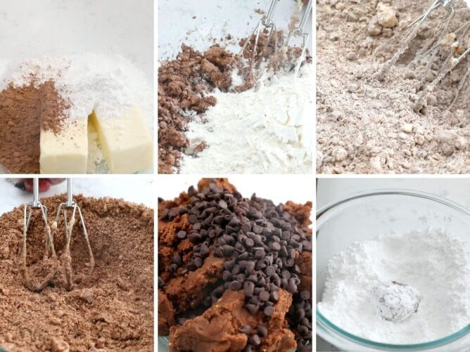 6 photos showing how to make snowball cookies with cocoa