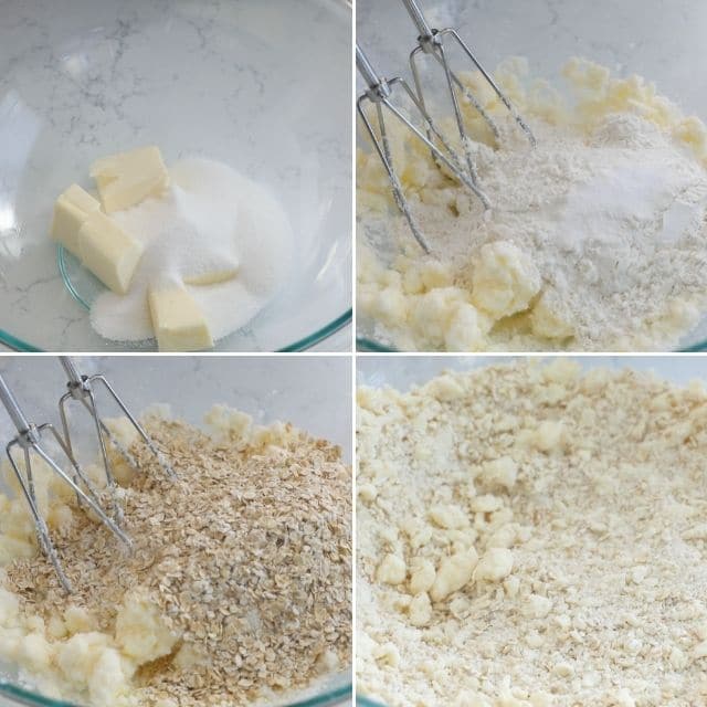 collage of 4 photos making crumble topping