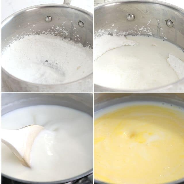 Four photos showing process of making homemade vanilla pudding