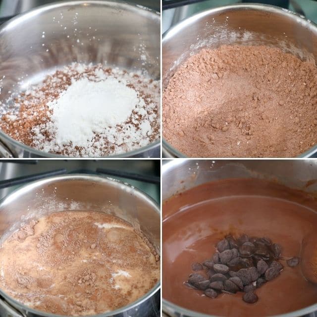 collage of 4 photos: dry ingredients in pan, dry ingredients stirred together, milk added, cooked with chocolate chips added