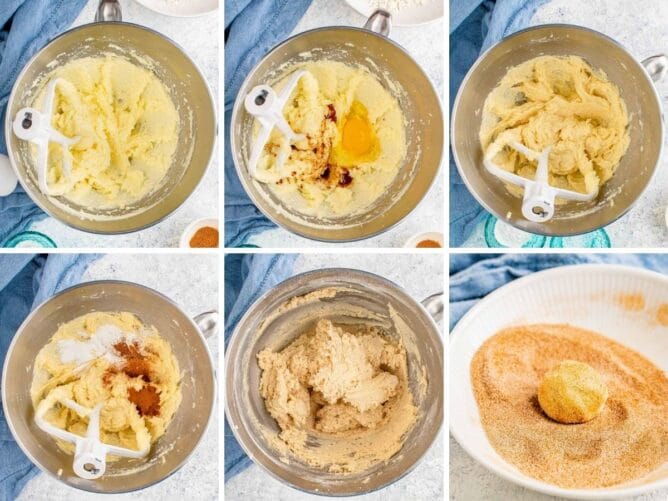 Six photos showing process of making eggnog snickerdoodle cookie dough