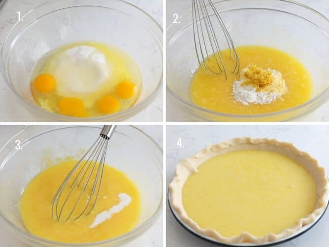 how to make lemon chess pie collage of 4 photos